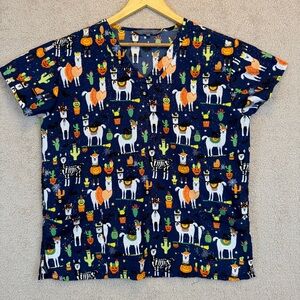 Serene Uniforms Scrub Top Halloween Llama Navy L